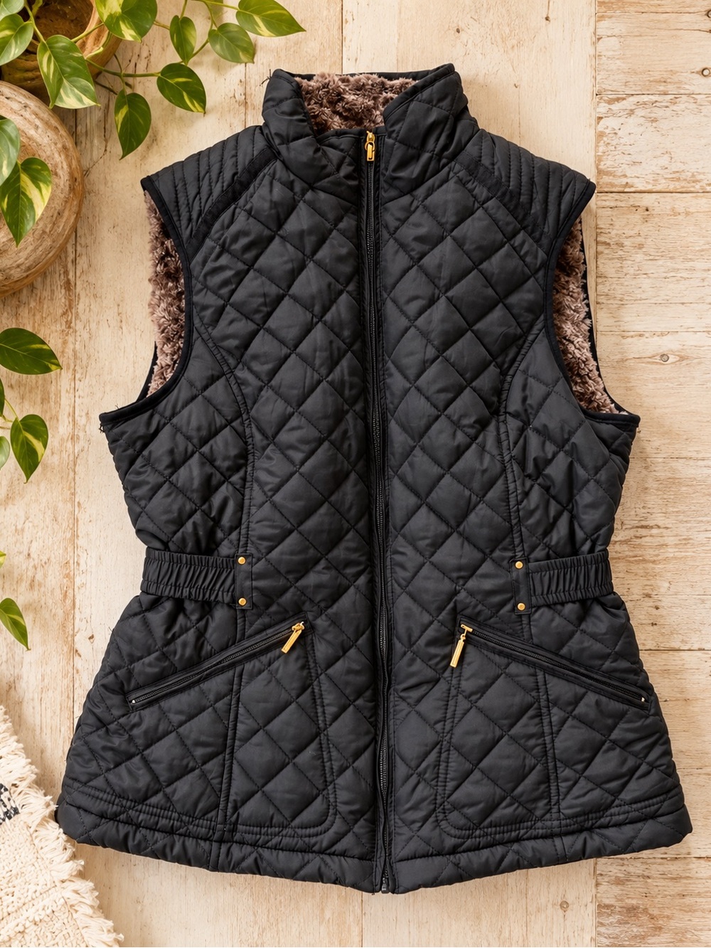 Weatherproof Black Quilted Faux Fur Lined Vest Gold Hardware